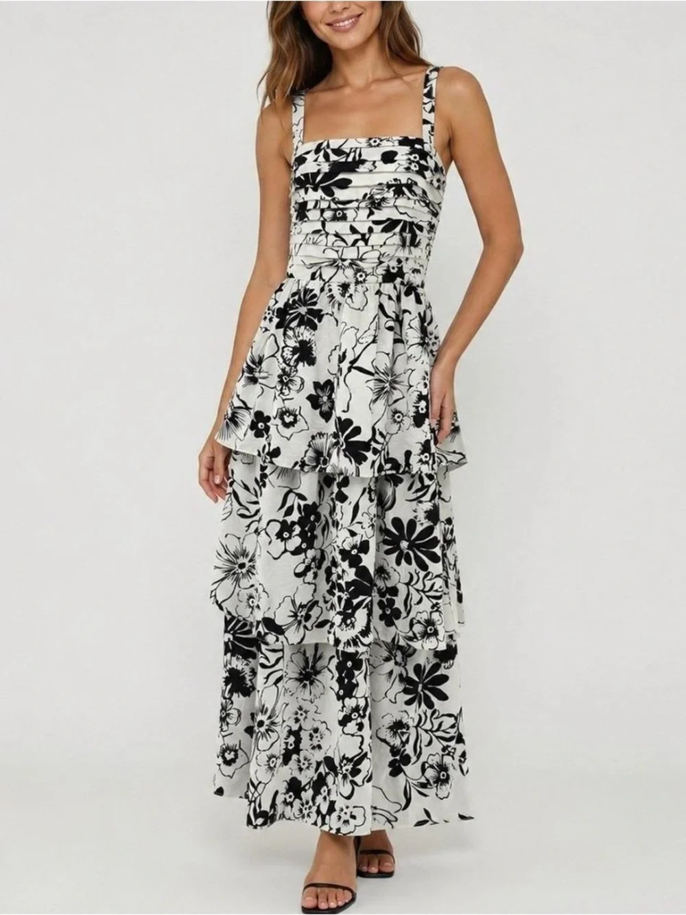 NWOT Abercrombie & Fitch Emerson Black and White Floral Tiered Maxi Dress
